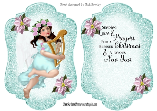 Christmas Angel turq card front A4 with  Blessed verse