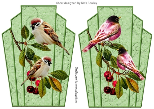 Two pretty ornate toppers in green with lace , birds and berries