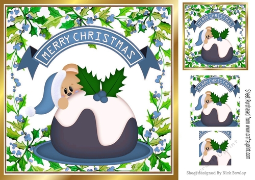 Peek a boo teddy with christmas pudding 8x8 ( blue)