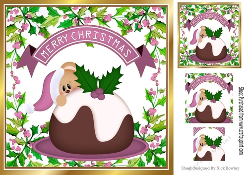 Peek a boo teddy with christmas pudding 8x8 ( pink)