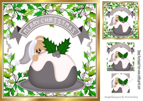 Peek a boo teddy with christmas pudding 8x8 (silver)
