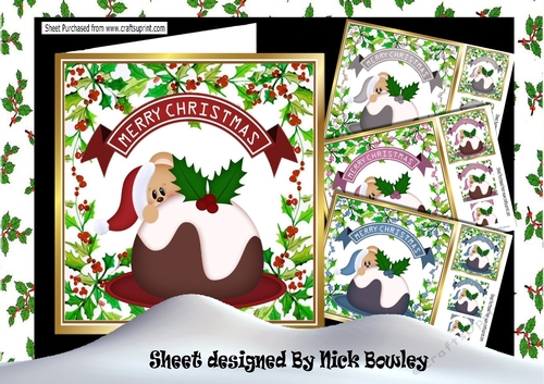  4 Peek a boo teddies with christmas pudding card fronts 8x8  Minn kit