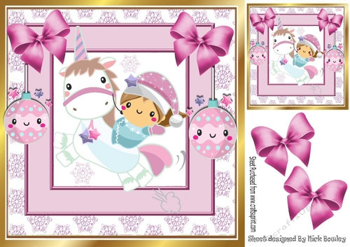Cute Unicorn with snow flakes and bows 8x8