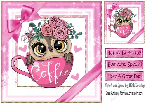 Cute owl in coffee cup with pink bows 8x8