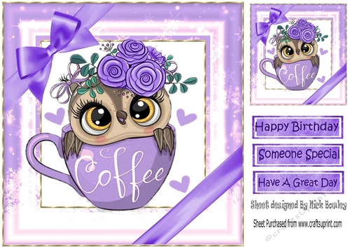 Cute owl in coffee cup with purple bows 8x8