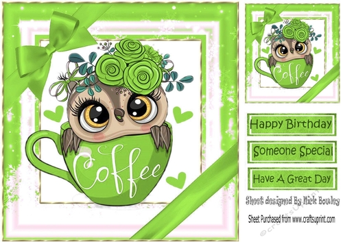 Cute owl in coffee cup with green bows 8x8