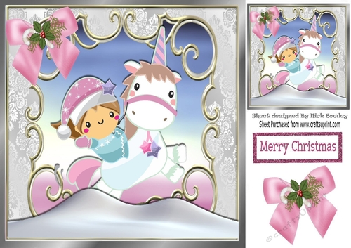 Pretty pink christmas with magical unicorn with snow & bow 8x8