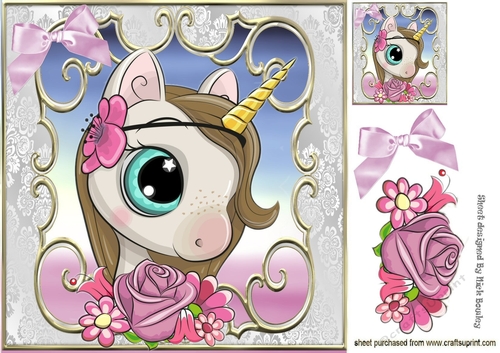 Sweet princess unicorn watercolour flowers & bow 8X8