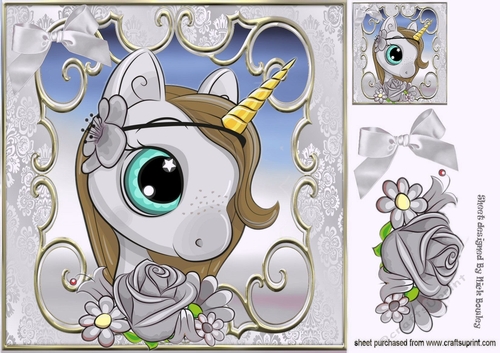 Sweet princess unicorn watercolour flowers & silver bow 8X8