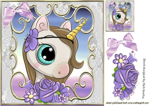 Sweet princess unicorn watercolour flowers & lilac bow 8X8