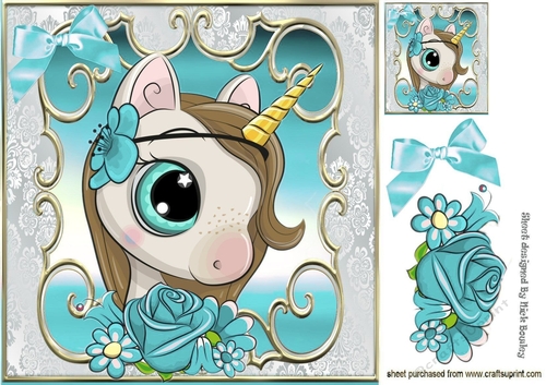 Sweet princess unicorn watercolour flowers & turq bow 8X8