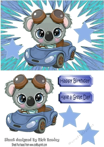 Cute Koala Bear in little blue car with stars A5