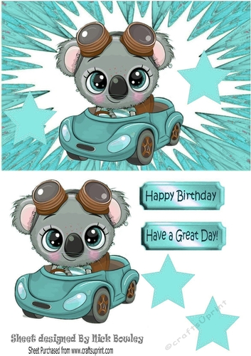 Cute Koala Bear in little turq car with stars A5