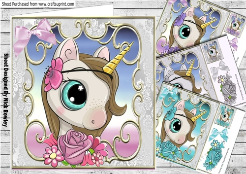  4 Sweet princess unicorn watercolour flowers & bow card fronts 8X8 mini kit