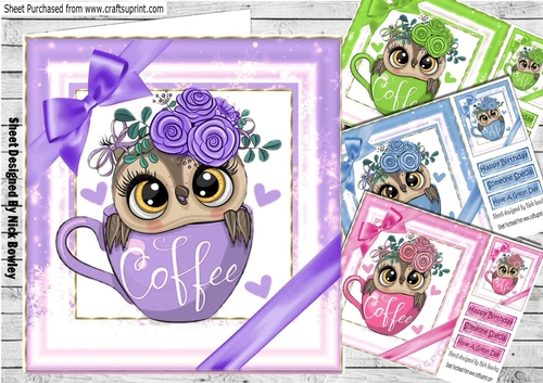  4 Cute owl in coffee cup with bows card fronts 8x8 mini kit