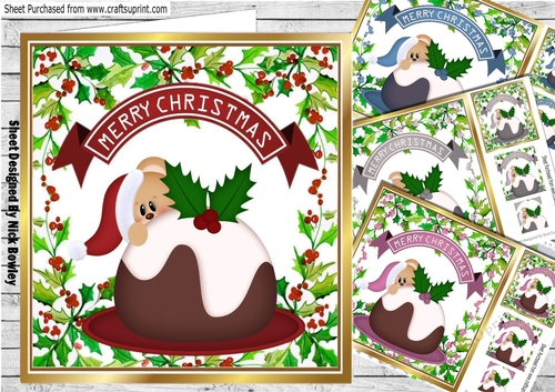  4 Peek a boo teddies with christmas puddings card fronts 8x8  mini kit