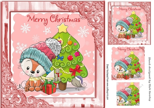 Cute fox with in winter hat with little bird 8x8