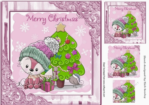 Cute fox with in winter hat with little bird 8x8 (lilac)