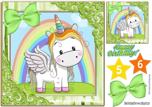 Cute unicorn with rainbow and green bow 8x8