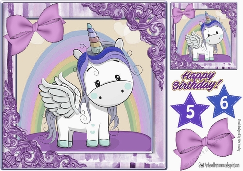 Cute unicorn with rainbow and purple bow 8x8