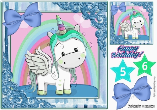 Cute unicorn with rainbow and blue bow 8x8