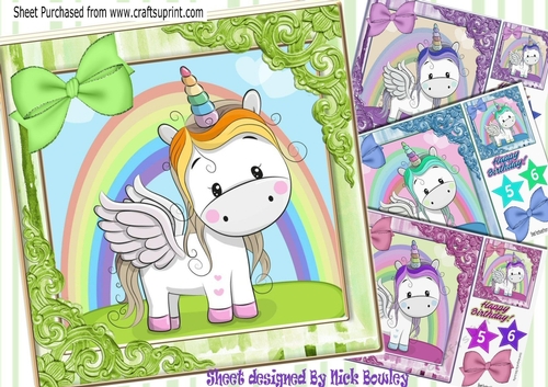  4 Cute unicorns with rainbows and  bows card fronts 8x8 Mini kit