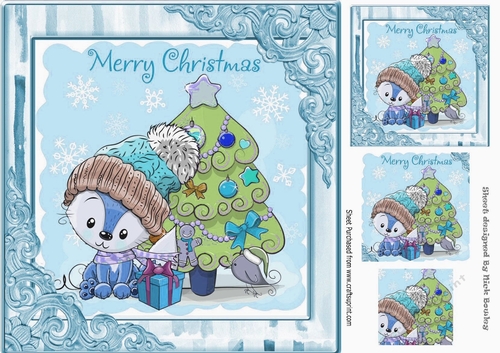 Cute fox with in winter hat with little bird 8x8 (blue)