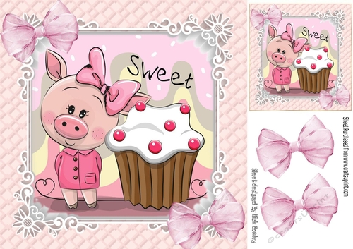 cute piggy with cupcake and organza pink bows 8x8