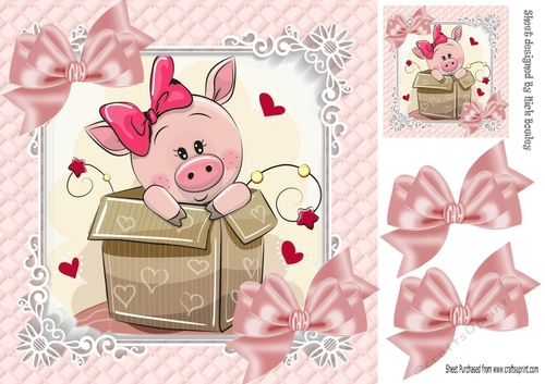 cute piggy in a box with hearts and pink bows 8x8