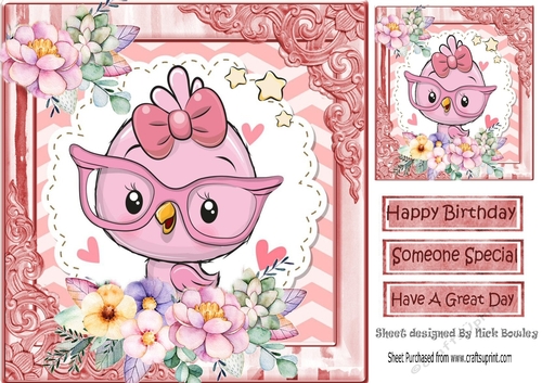 Little pink bird with flowers in ornate 8x8 frame