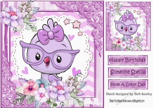 Little lilac bird with flowers in ornate 8x8 frame