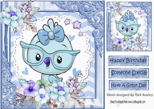 Little blue bird with flowers in ornate 8x8 frame