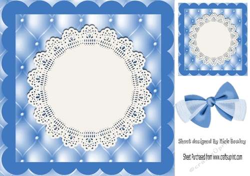 Pretty blue quilt effect card front with lace doily 8x8