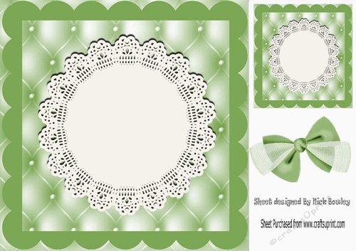 Pretty green quilt effect card front with lace doily 8x8