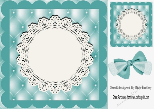 Pretty turq quilt effect card front with lace doily 8x8