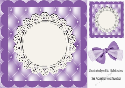 Pretty purple quilt effect card front with lace doily 8x8