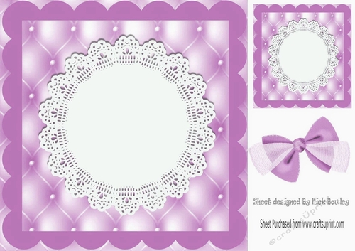 Pretty lilac quilt effect card front with lace doily 8x8