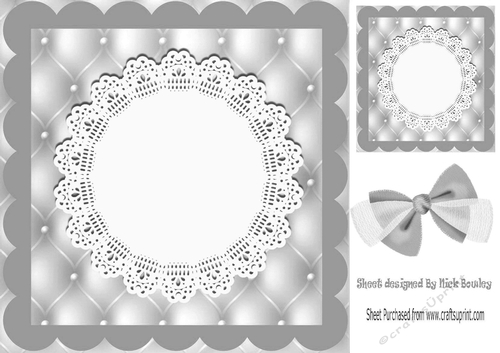 Pretty silver quilt effect card front with lace doily 8x8