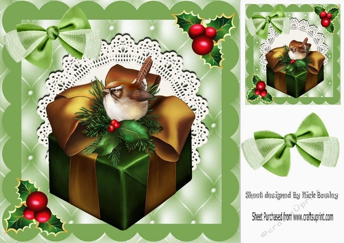 pretty little robin on a present with bow, holly & lace card front 