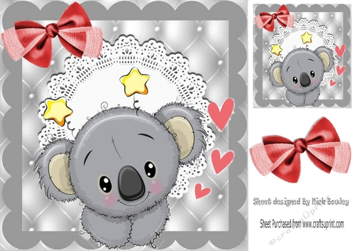 cute koala Bear with bow and  lace,  card front 8x8