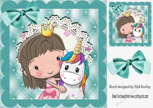 cute little girl with unicorn & turq bow with  lace,  card front 8x8