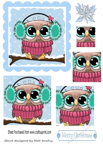 Cute owl on a branch with snow, square pyramids