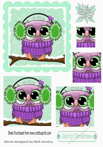 Cute owl on a branch with snow, square pyramids (green)