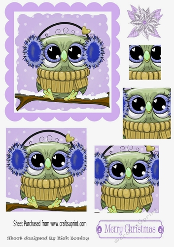 Cute owl on a branch with snow, square pyramids (purple)