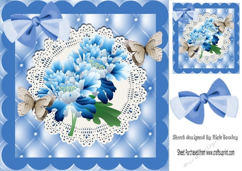 Pretty blue flowers with paper butterflies on lace with bow card front 8x8