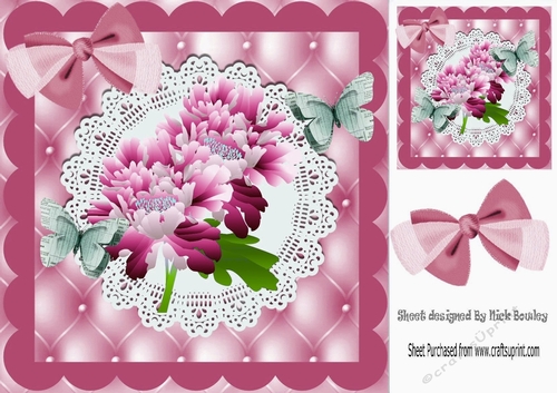 Pretty pink flowers with paper butterflies on lace with bow card front 8x8