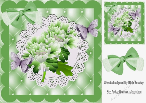 Pretty green flowers with paper butterflies on lace with bow card front 8x8
