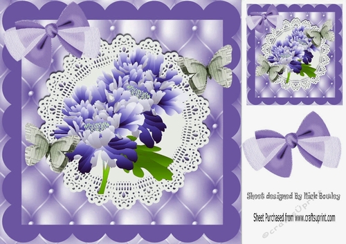 Pretty purple flowers with paper butterflies on lace with bow card front 8x8