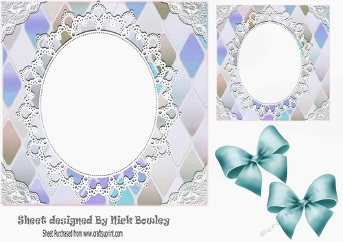 Pretty Diamond and oval lace topper, card front with turq bows 7x7