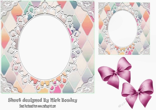Pretty Diamond and oval lace topper, card front with pink bows 7x7